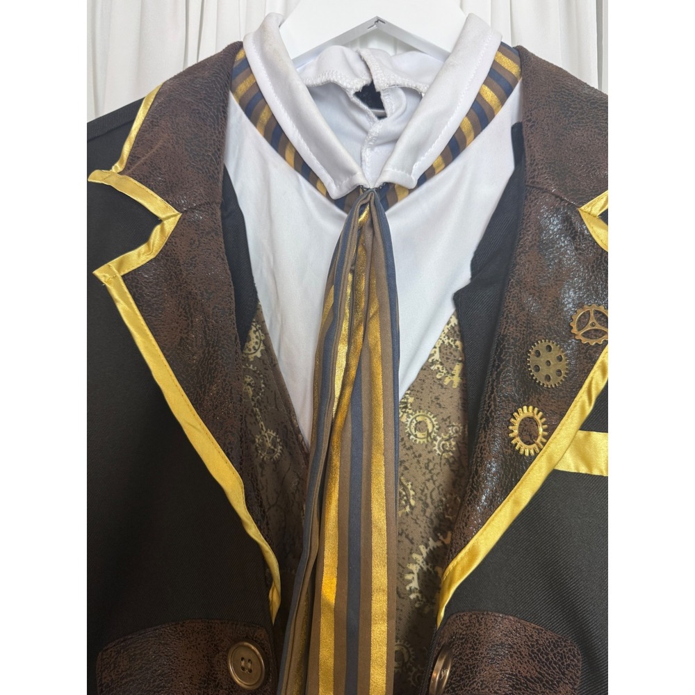 Steampunk Victorian Mens Costume Long Coat Vest Cravat Gear Details Black Gold - Picture 3 of 15